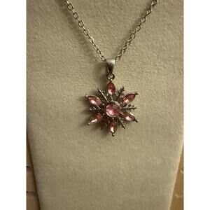 NWT Silvertone Snowflake Necklace Pendant With Pink Austrian Crystals